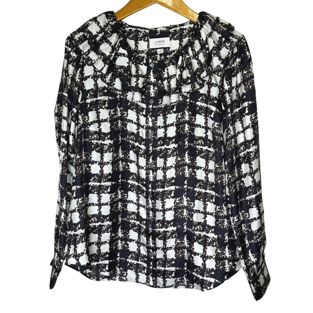 J. Crew Collection Silk Windowpane Ruffle Top‎ Medium NEW Brown/Black/White